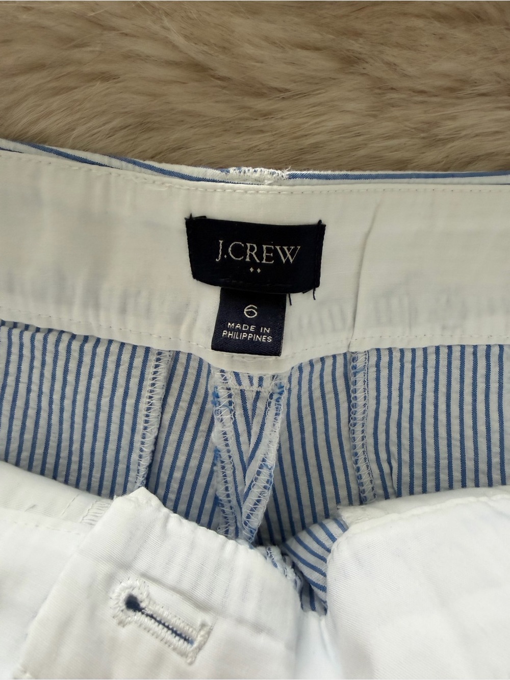 J. Crew Factory Blue and White Striped Scallop-Hem Bermuda Shorts - Picture 3 of 7